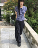 Warden Round Collar Puff Check Blouse