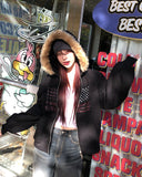 America Dirty Printing Brushed Fur Hood Zip-Up