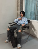 Cross Damage Banding Denim Pants
