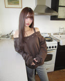 Duon Eyelet Strap Off-Shoulder Brushed Sweatshirt