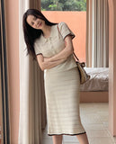 [Knit Two-Piece] Cel Openwork Collar Color Matching Knit Long Skirt