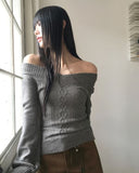 Chimo V-Neck Off-Shoulder Slim Fit Cable Knit