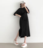 Waist Snap Button Loose Fit Cotton Long One Piece