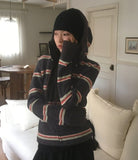 Happip Fluffy Fur Color Matching Stripe Zip-up