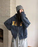 Navy Lettering Brushed Washing Hood Zip-Up