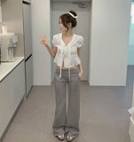 Petite Tie Puff Sleeve Crop Short Sleeve Blouse