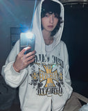 Cross vintage printing two way hoodie zip-up