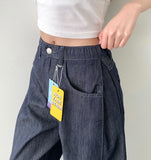 Non-Fade Summer Cooling Banding Folding Cut Hem Snap Wide Denim Pants