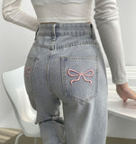 Pink Ribbon Embroidery Point Light Blue Wide Denim Pants