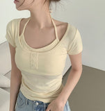 Slim Fit Cup Halter Strap Fake Layered Shirring Short Sleeve T-shirt