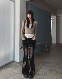 Ash Ribbed Deep Button Layered Long Sleeves
