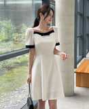 Lene Color Matching Ribbon Puff Tweed Mini One Piece
