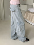 Washed Pocket Cargo Light Blue Long Wide Denim Pants