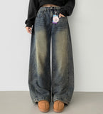 Washing Banding Heated Fabric Brushed Hem Snap Wide Fit Denim Pants XL~