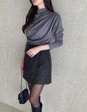 Dielb Half Neck Unbalanced Drape T-Blouse