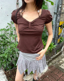 Code Beads Ribbon Shirring Puff Short Sleeve T-Shirt