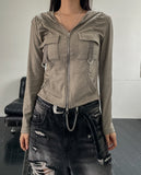 Caro Derring Strap Shirring Hooded Zip-Up