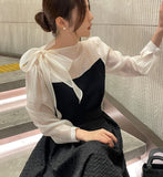 Liang Satin Tie Color Matching Puff Blouse