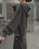 Color Matching Stripe Knit Warmer Hood Zip-Up