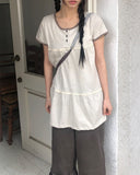 Juon Shirred Button Loose Fit Henley Neck Short Sleeve T-shirt