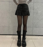 Ribbon string slit button stripe skirt