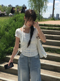 [Corsage scarf set] Vian Flower Shirring Short Sleeve T-shirt