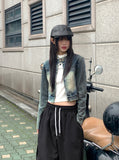 [MADE] Katsun Vintage Washing Two-Way Zipper No Collar Crop Denim Jacket
