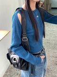 Cordill ribbed color matching shoulder slit cropped long sleeve knit