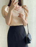 Missing Heart Neck Puff Span T-Blouse