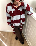 [Muffler SET] Phu Stripe Color Matching V-Neck Loose Fit Long Sleeve Long Knit
