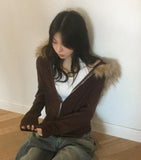 Penk Cable Fur Hood Slim Fit Two-Way Knit Zip-Up