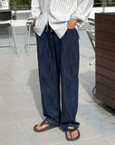 Pibeu Linen Semi Wide Banding Denim Pants