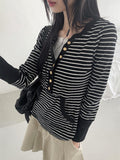 Mihoo Vintage Stripe Button Pocket Long Sleeve T-Shirt
