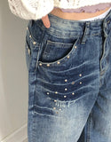 Boa Stud Eyelet Pocket Wide Fit Washed Denim Long Pants