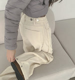 Brushed Corduroy Hem Snap Cut Pin Tuck Adjust Wide Balloon Pants
