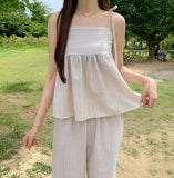 Striped flare string sleeveless wide banding pants two-piece