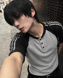 Color Matching Track Muscle Fit Henley Neck Short Sleeve Tee