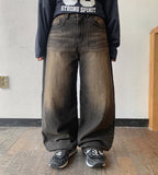 Meldit Brown Washing Wide Denim Pants