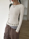 Chiss shirring layered diagonal off-shoulder long sleeve T-shirt