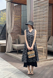 [Strap set] Gloss Floral Color Matching Sleeveless Long One Piece