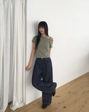 Dad side pin tuck snap button wide long denim pants