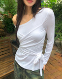 Evin Ribbon Unbalanced Layered One-Off Shoulder Long Sleeve T-Shirt