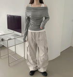 Cotton Two-Way Pocket Knee Shirring Wide Banding Pants
