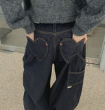 Heart Back Pocket Raw Non-fade Carpenter Balloon Wide Denim Pants