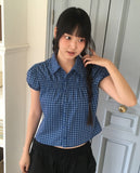 Rehue Check Shirring Banding Puff Short Sleeve Blouse