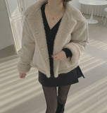 Suede Teddy Bear Button Collar Sleeve Fur Short Mustang