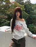 Burnoon American Flag Strap One Off Shoulder Long Sleeve Zip-up