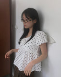 Newon Dot Lace Ribbon Short Sleeve Blouse