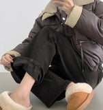 Basic Wide Fit Washing Banding Span Heated Fabric Brushed Denim Pants