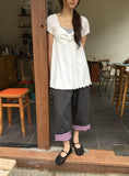 Nahills Shirring Short Sleeve Layered Ribbon Ribbed Tee
